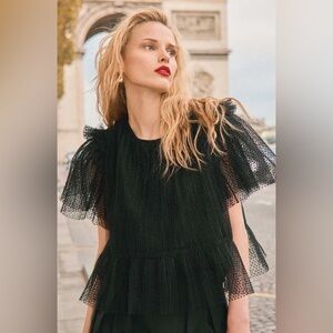 HUNTER BELL Black Sheer Dot Tulle Puff-Sleeve Top